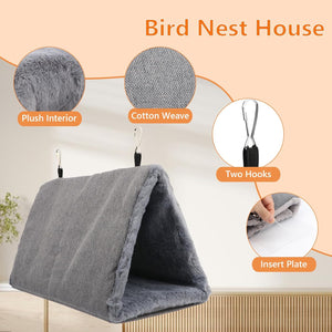Gray bird nest house with features highlighted on a beige background at Pet Servo