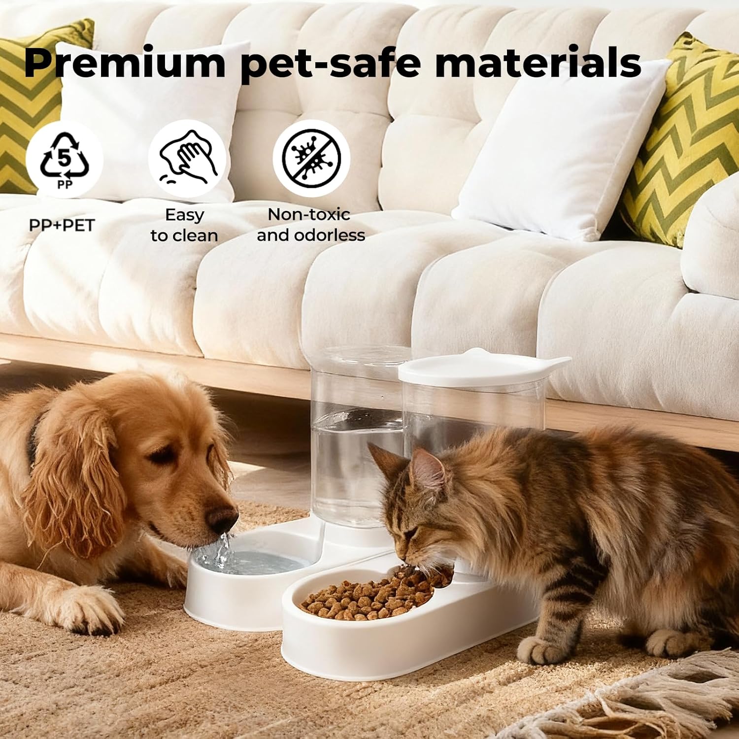 Dog and cat drinking water and eating from a pet fountain with text about premium pet-safe materials at Pet Servo