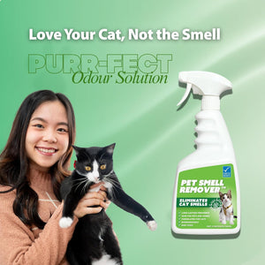 Woman holding a cat with a bottle of pet smell remover on a green background at Pet Servo