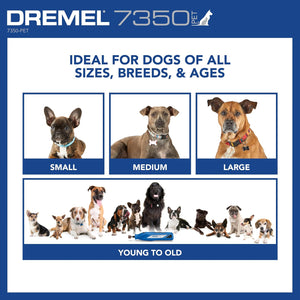 Dremel 7350-PET product advertisement with dogs of various sizes and breeds.