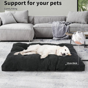 Dog lying on a large black pet bed in a living room setting with text about pet support and comfort at Pet Servo