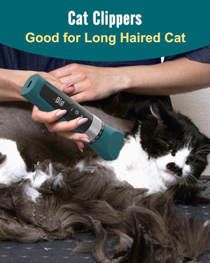 Person using cat clippers on a long-haired cat with text indicating they are good for long-haired cats at Pet Servo
