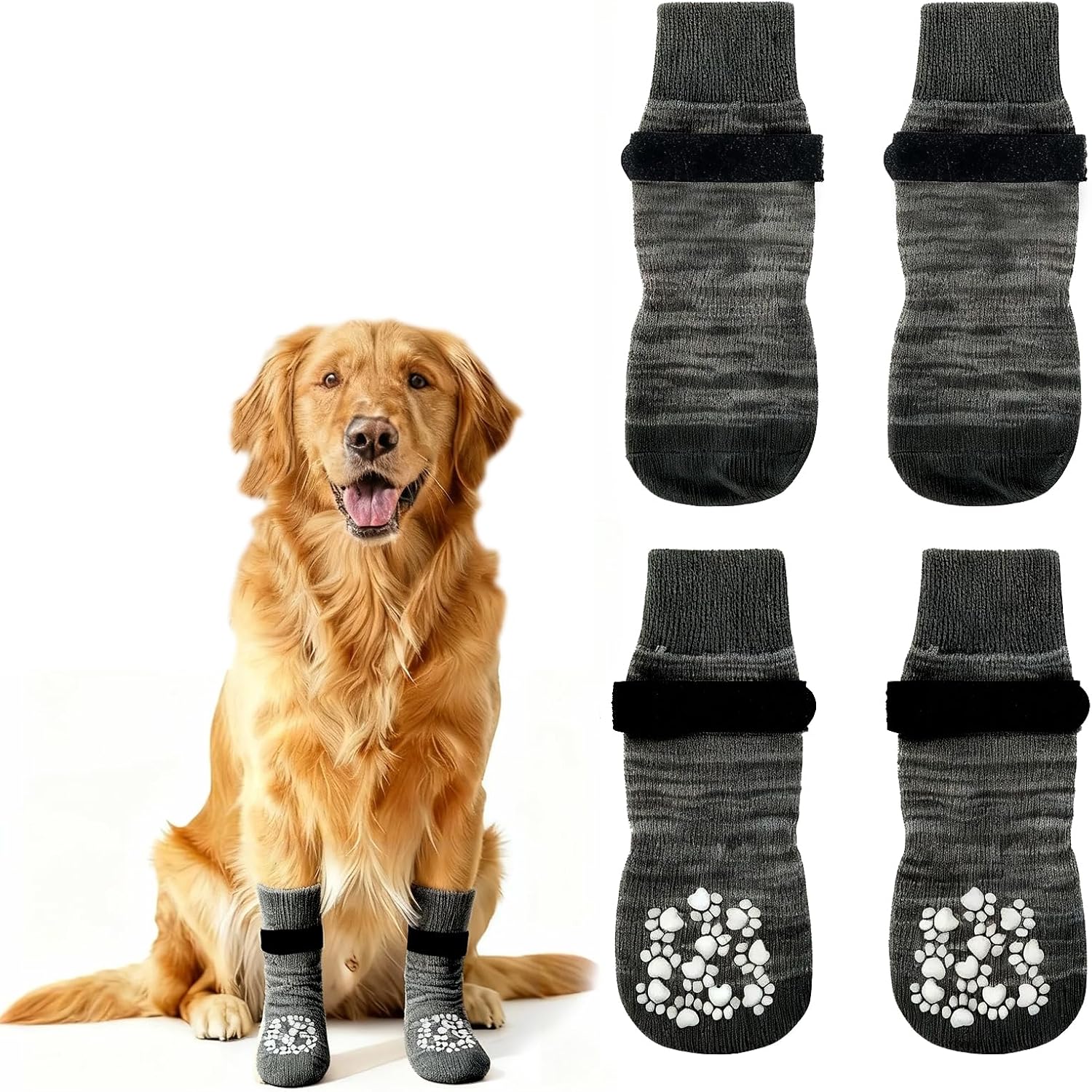 Dog wearing gray dog boots with paw prints and a golden retriever sitting next to them on a white background at Pet Servo