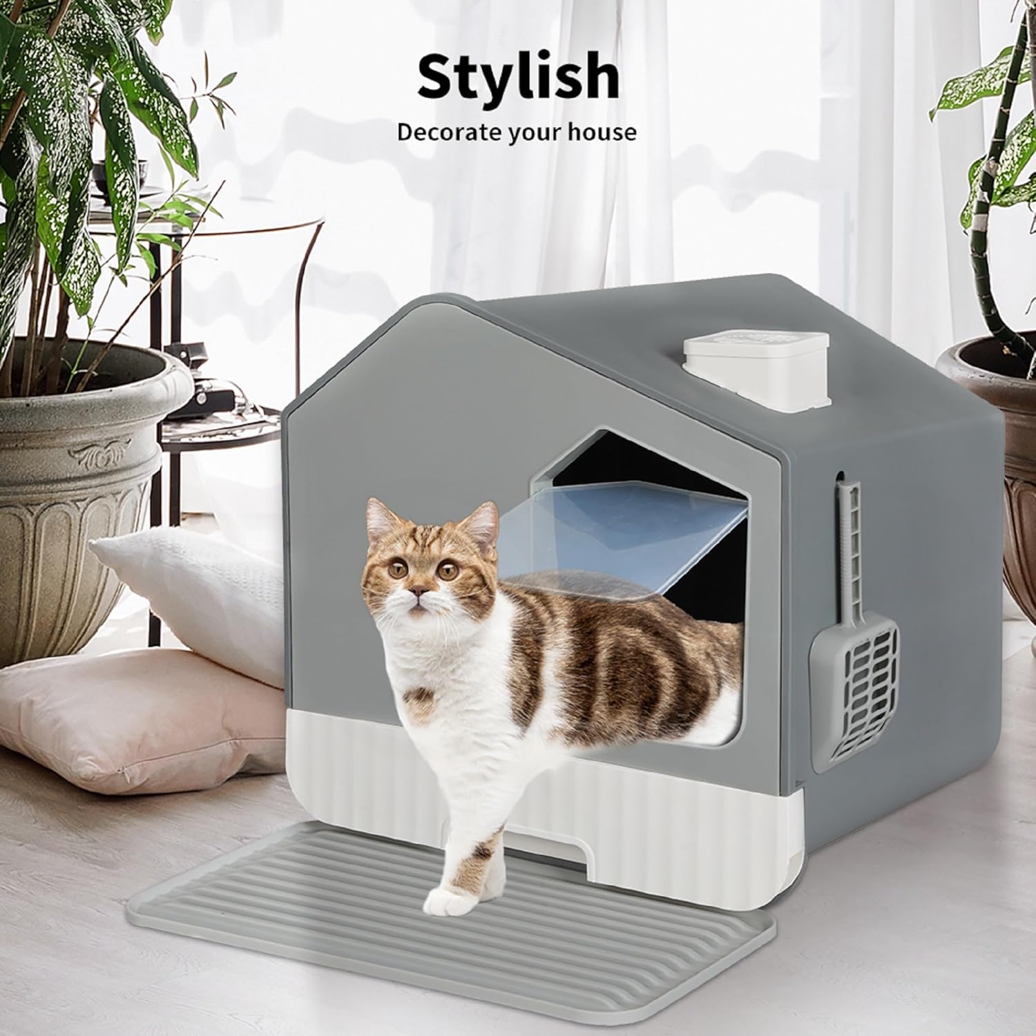 PaWz - Two-Way Door Cat Litter Box Anti-Splashing with Cat Toilet Mat (Grey) at Pet Servo