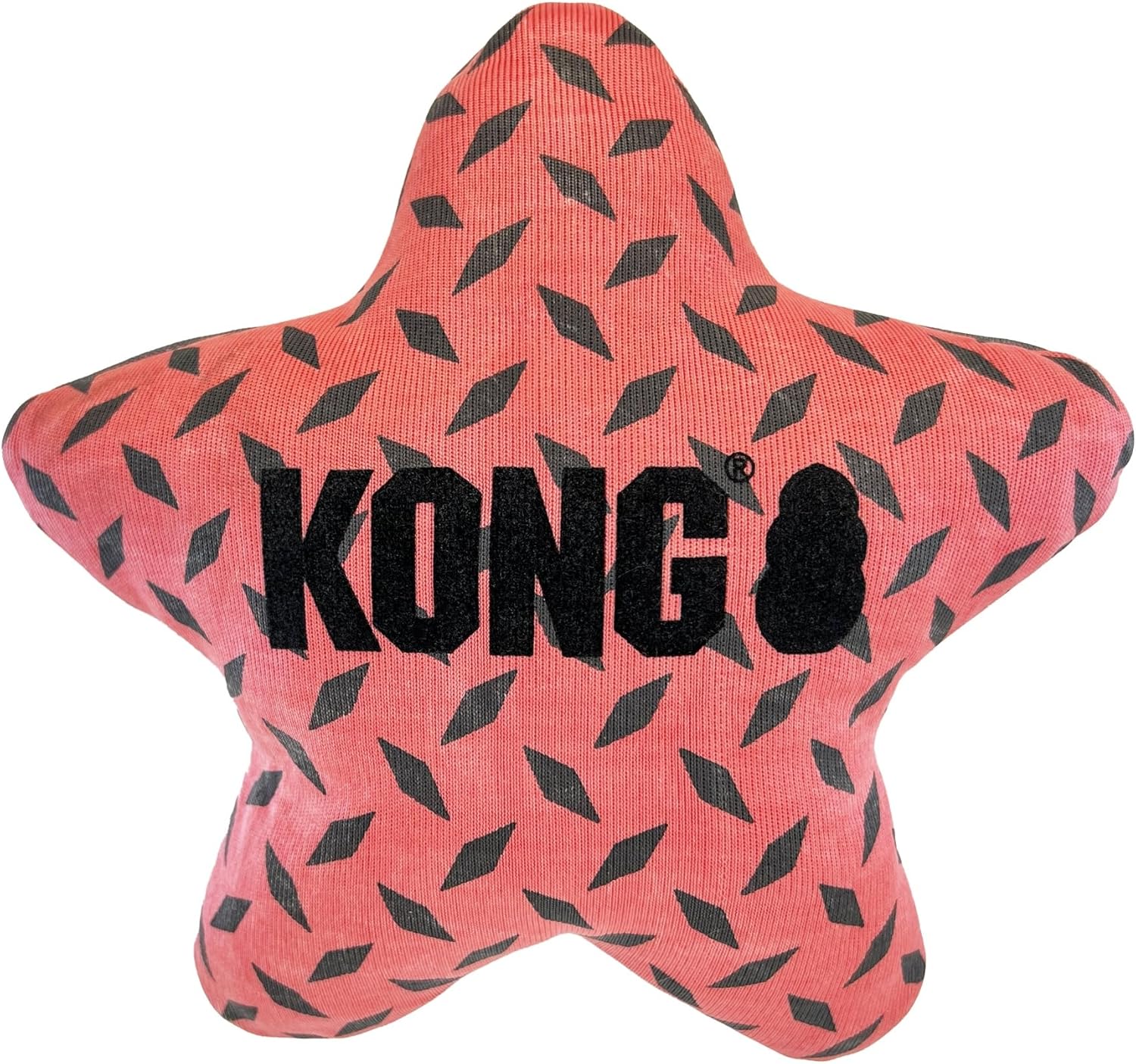 A star-shaped dog toy in coral pink corduroy fabric with a black diamond pattern and a large black KONG logo across the center, shown on a plain white background at Pet Servo