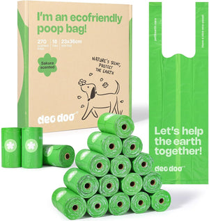 Green eco-friendly poop bags with packaging and text on a white background at Pet Servo