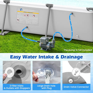 An inflatable swimming pool with a blue water hose connected to a small pump on a grassy lawn, plus text reading 'Easy Water Intake & Drainage' and three inset detail panels showing filter inlets, a large drain hole, and a drain valve connector.