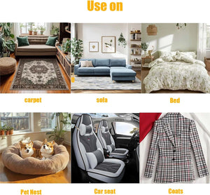 Product usage examples on carpet, sofa, bed, pet nest, car seat, and coat at Pet Servo