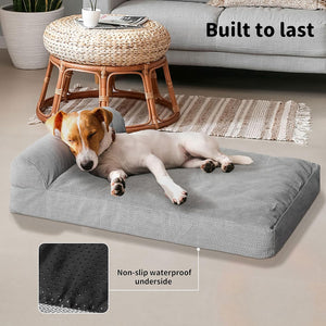 Dog lying on a gray pet bed with a non-slip waterproof underside feature highlighted at Pet Servo