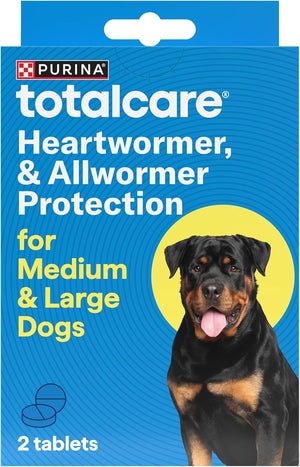 Purina Totalcare heartworm and allwormer protection packaging for medium and large dogs with a Rottweiler on a blue background at Pet Servo