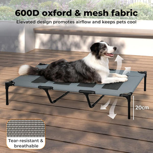 A black and gray elevated pet cot with a black metal frame, shown on a wooden deck with a black-and-white dog lying on it. Text at the top reads '600D oxford & mesh fabric' and 'Elevated design promotes airflow and keeps pets cool,' with arrows indicating airflow and a '20cm' height marker.