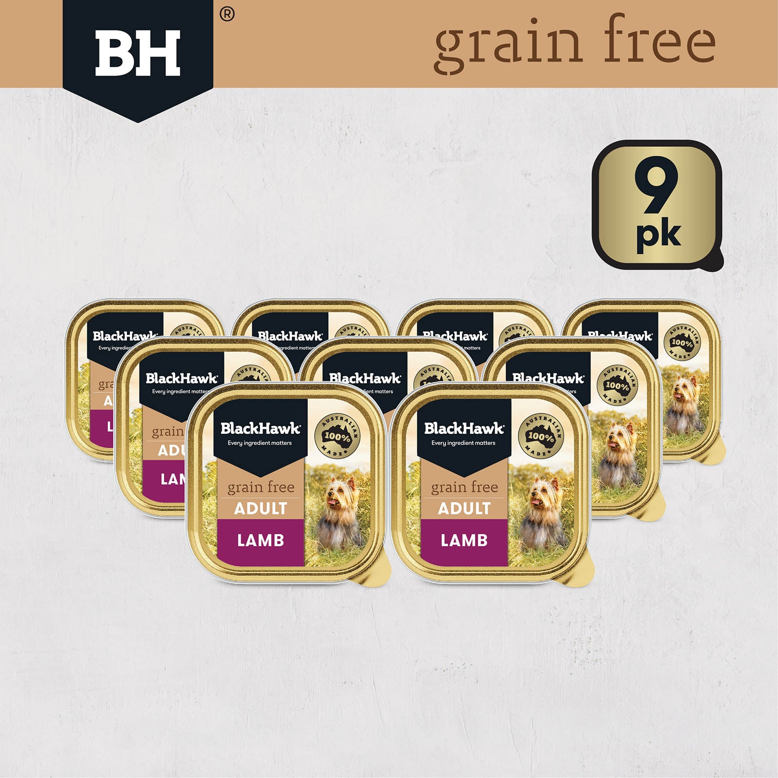 Packaging of Black Hawk grain-free dog food with 9-pack indication on a light gray background