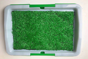 Green artificial turf mat inside a white plastic tray with green latch details, photographed from directly above on a light beige surface at Pet Servo