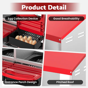 Red metal chicken coop with features highlighted on a white background