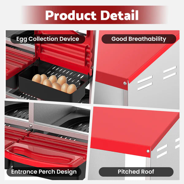 Red metal chicken coop with features highlighted on a white background