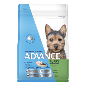 Advance puppy food package for small breeds with a blue and white design.