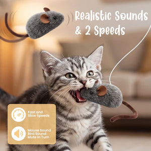 Cat playing with a toy mouse, with text indicating realistic sounds and two speeds at Pet Servo