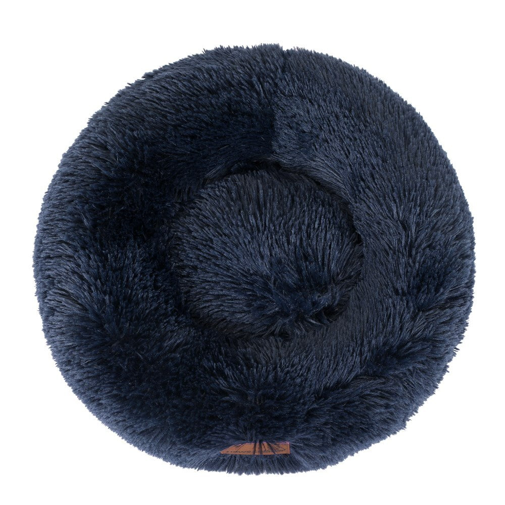 Navy blue fluffy pet bed on a white background at Pet Servo