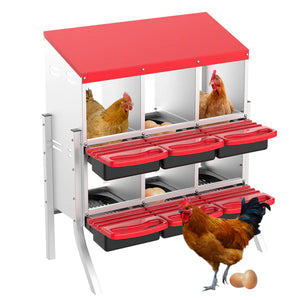 Chicken coop with red roof and multiple compartments, featuring chickens and eggs on a white background at Pet Servo