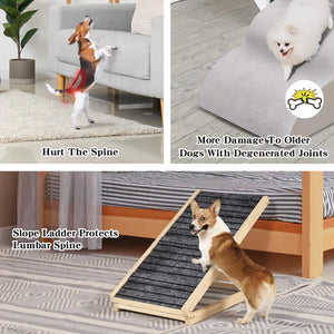 Collage of a dog using a slope ladder to climb onto a bed, with text explaining its benefits at Pet Servo