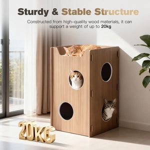 Wooden cat house with cats inside, placed in a bright room with a plant and window.