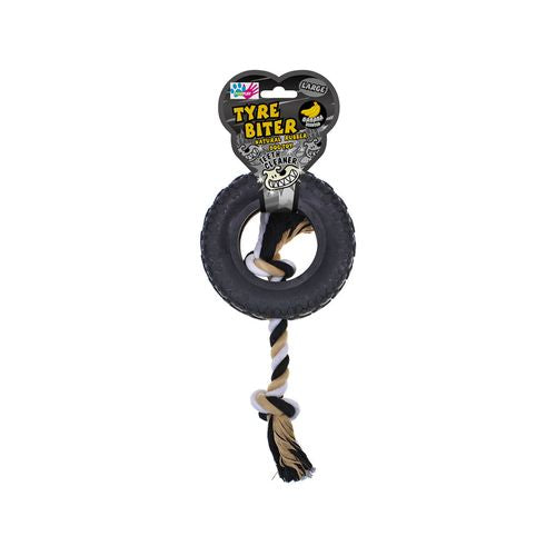 Paw Play - Rubber/Rope Banana Scented Tyre Biter Pet Toy - Large - Black