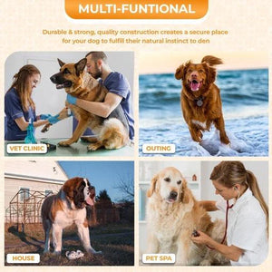 Multifunctional pet product with images of dogs in various settings and text about durability and quality.