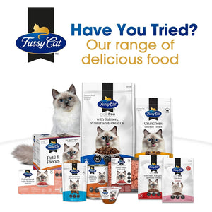 Fussy Cat pet food products including dry and wet cat food, treats, and a cat on a white background.