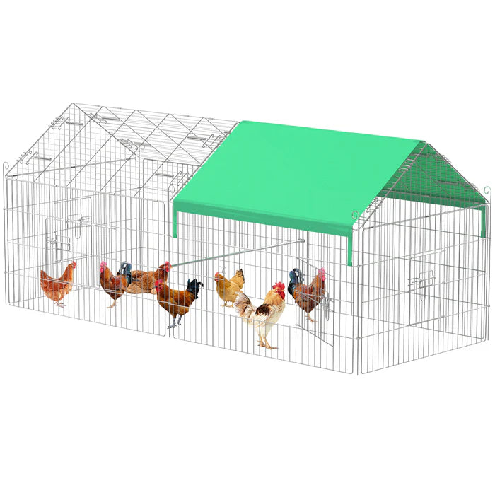 Chicken coop with a green roof and chickens inside on a white background at Pet Servo