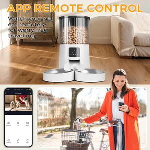 Pet feeder with app remote control feature, shown in a living room setting at Pet Servo