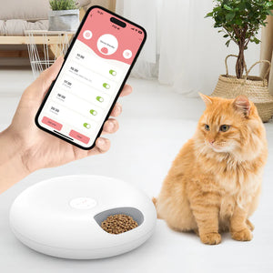 Hand holding a smartphone with an app interface next to a cat and a pet feeder.