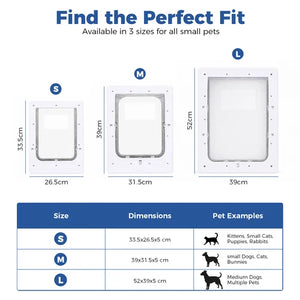 Size chart for a pet window door showing three sizes labeled S, M, and L with dimensions in centimeters and pet examples, plus a table listing size, dimensions, and pet examples at Pet Servo