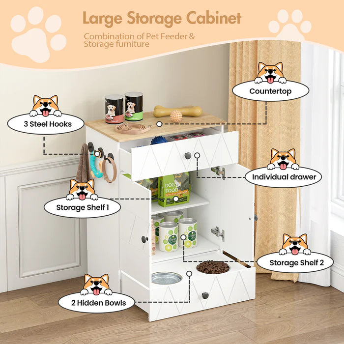 Large storage cabinet with pet feeder and storage features, illustrated with cartoon dogs.