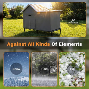 A composite marketing graphic for an outdoor storage shed or dog house. The top panel shows the gray metal structure in a grassy yard with sunlight and the text 'UV Protection at Pet Servo