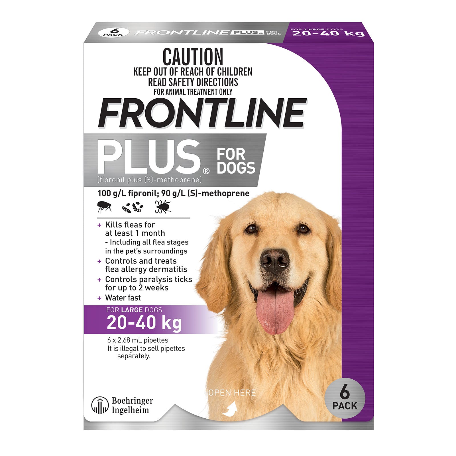 Frontline Plus for dogs packaging with a dog on the label