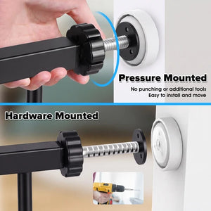 Installation comparison graphic showing a black mounting bracket with a threaded rod and white wall mount. The top section shows a hand pressing a black knob to mount the bracket, labeled 'Pressure Mounted at Pet Servo