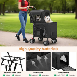 Person pushing a black pet stroller with two dogs in a park, featuring high-quality materials text.
