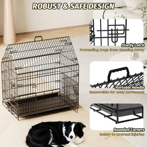 Dog crate with features highlighted on a light background