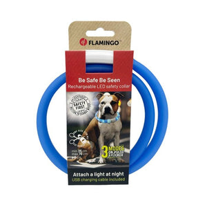 Flamingo rechargeable LED safety collar packaging with a dog wearing the collar on a white background