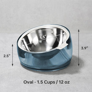 Blue pet bowl with measurements on a gray background at Pet Servo