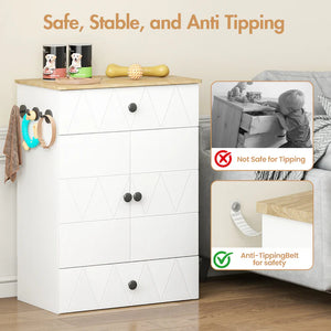White dresser with geometric design, children's toys, and safety features highlighted on a light wood floor.