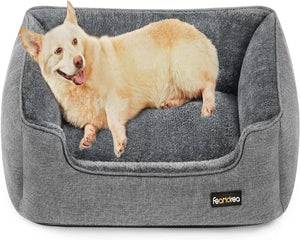 Dog lying on a gray pet bed with 'feandrea' branding at Pet Servo