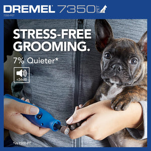 Person grooming a dog with a Dremel tool, featuring text about stress-free grooming and quieter operation.