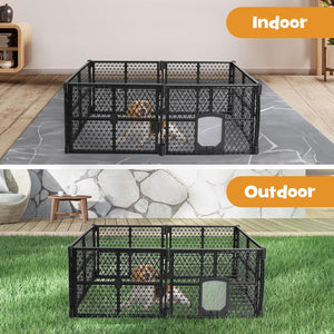 A black metal mesh pet playpen shown in two settings: labeled 'Indoor' on a gray rug in a room and labeled 'Outdoor' on green grass in a patio setting. A dog is visible inside the playpen in both scenes at Pet Servo