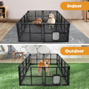 Black plastic mesh pet playpen shown in two settings: labeled 'Indoor' with two small dogs inside on a rug, and labeled 'Outdoor' with one dog inside on grass. The image demonstrates the product's use in real environments with animals present at Pet Servo
