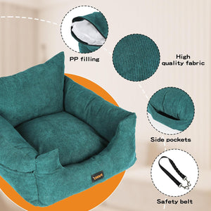 Teal pet bed with features highlighted on a beige background at Pet Servo