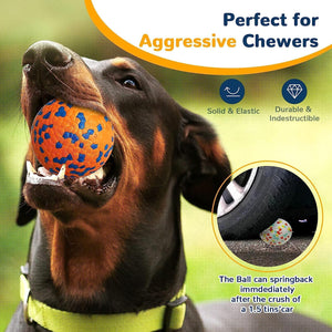 Dog playing with a ball, with text about durability and features at Pet Servo