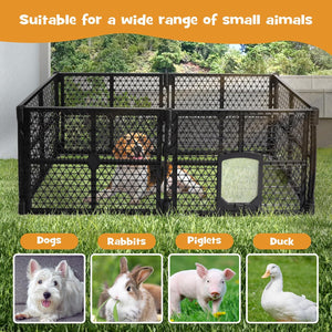 A black plastic mesh pet playpen with a hinged gate and door, shown outdoors on grass with a dog inside. Text at the top says 'Suitable for a wide range of small animals,' and four labeled photos at the bottom show dogs, rabbits, piglets, and ducks at Pet Servo