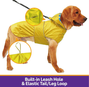 Dog wearing a yellow raincoat with built-in leash hole and elastic tail/leg loop on a white background at Pet Servo