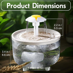 Pet water fountain with dimensions labeled on a natural background at Pet Servo